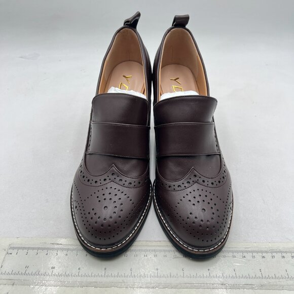 YDN Saddle Brown Chunky High Heels Round Toe Oxford Loafer Dress Shoe - Picture 3 of 8